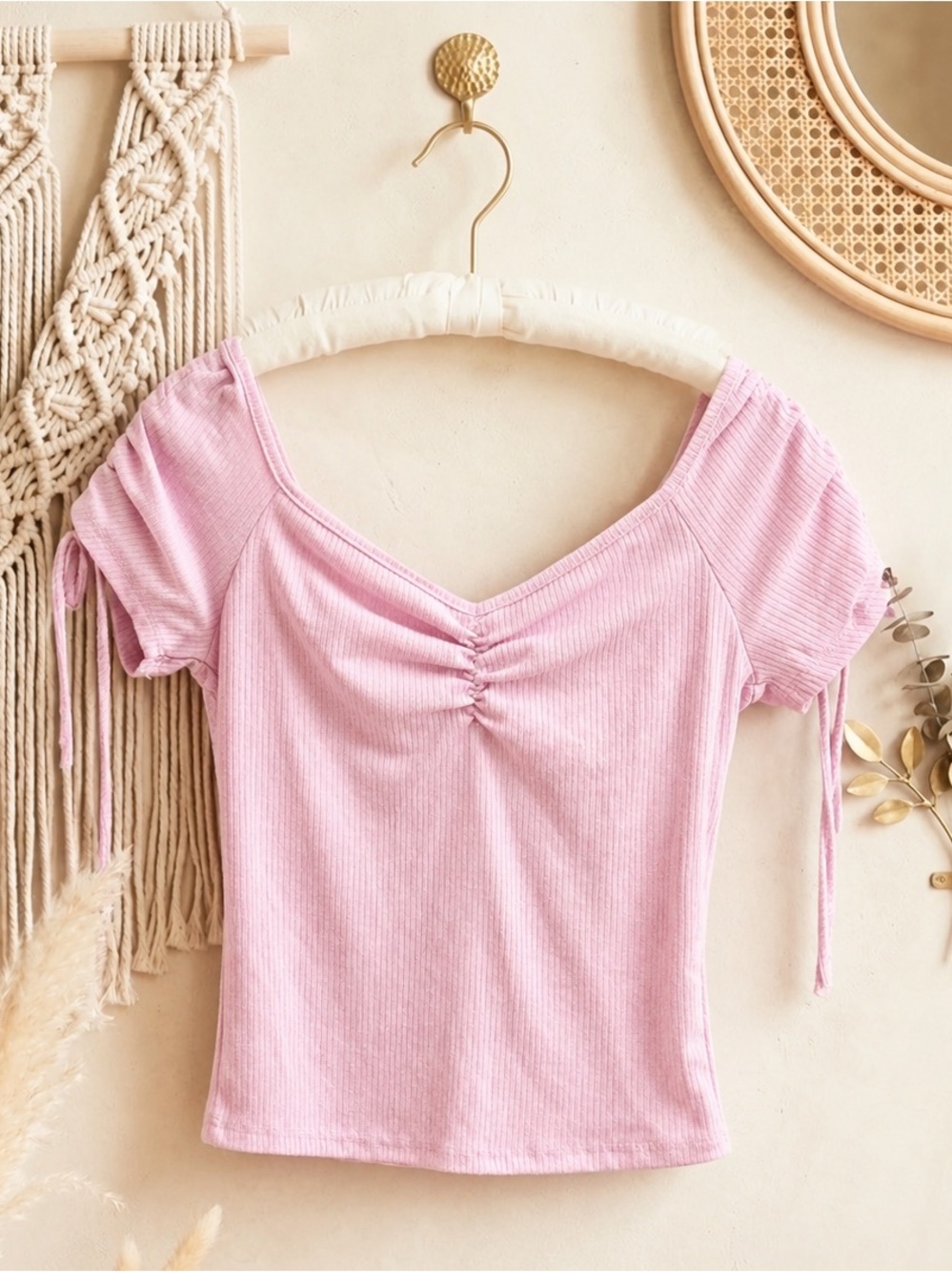 Publik Pink Ruched Tie Sleeve Crop Top